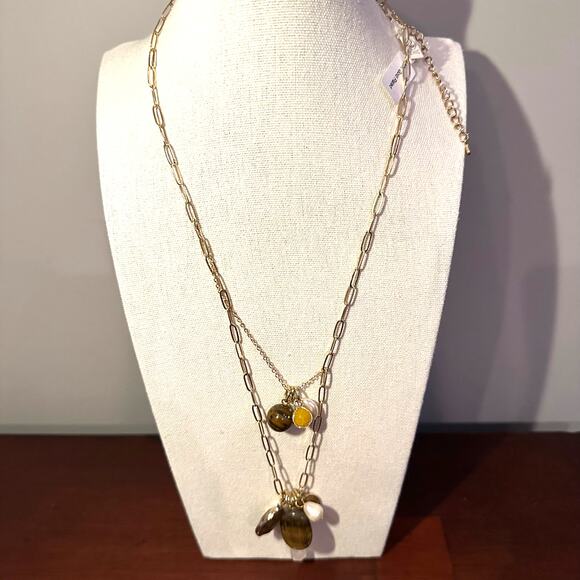 NWT 2 Chic Necklace 18K Gold Plated 2Chic Pendant Brown stone Multilayer Western - Picture 9 of 9